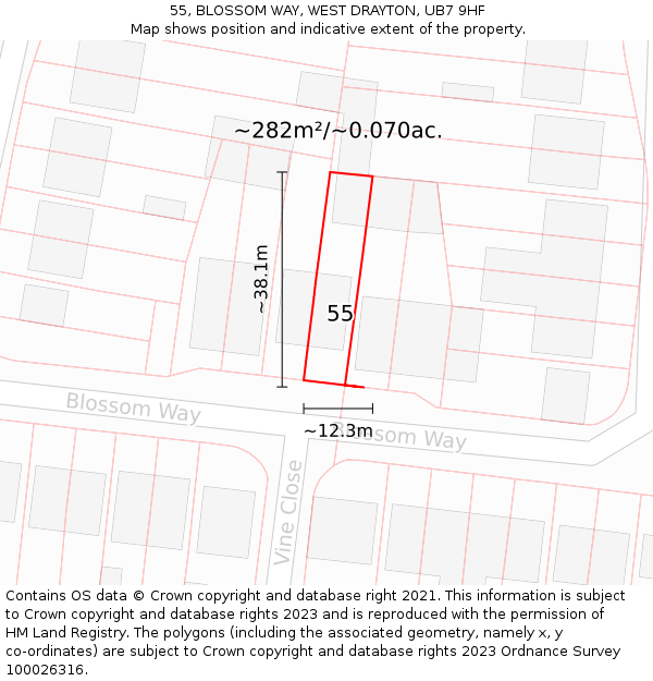 55, BLOSSOM WAY, WEST DRAYTON, UB7 9HF: Plot and title map