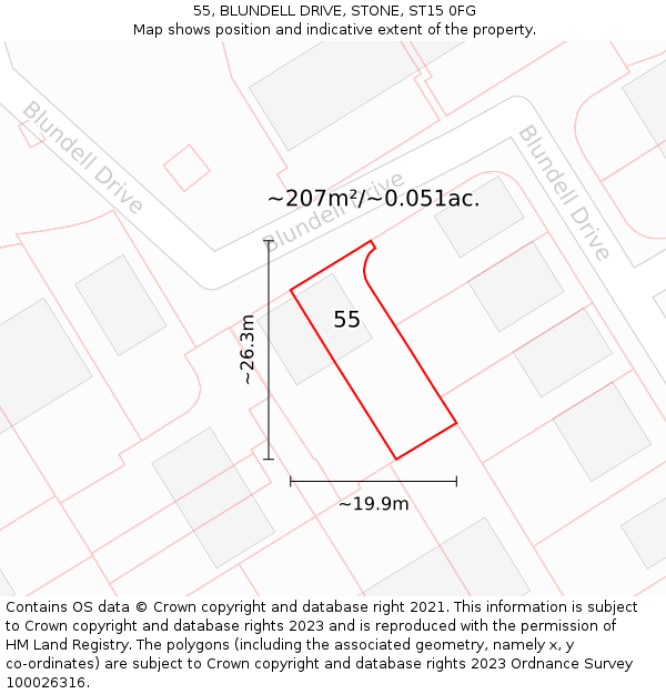 55, BLUNDELL DRIVE, STONE, ST15 0FG: Plot and title map