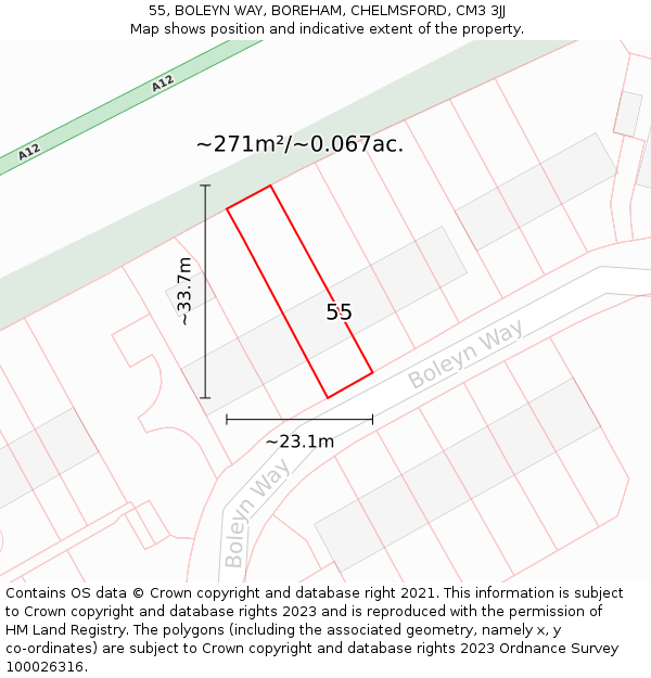 55, BOLEYN WAY, BOREHAM, CHELMSFORD, CM3 3JJ: Plot and title map