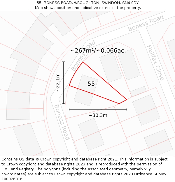 55, BONESS ROAD, WROUGHTON, SWINDON, SN4 9DY: Plot and title map