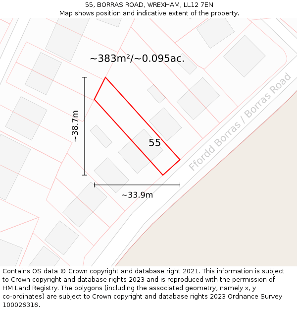 55, BORRAS ROAD, WREXHAM, LL12 7EN: Plot and title map