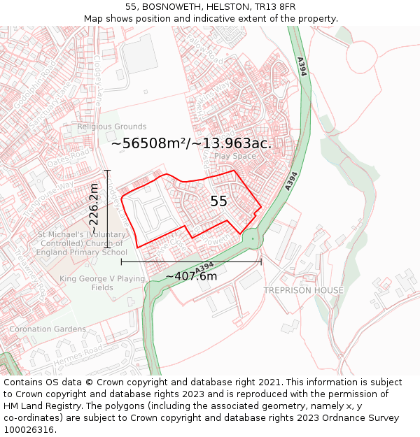 55, BOSNOWETH, HELSTON, TR13 8FR: Plot and title map