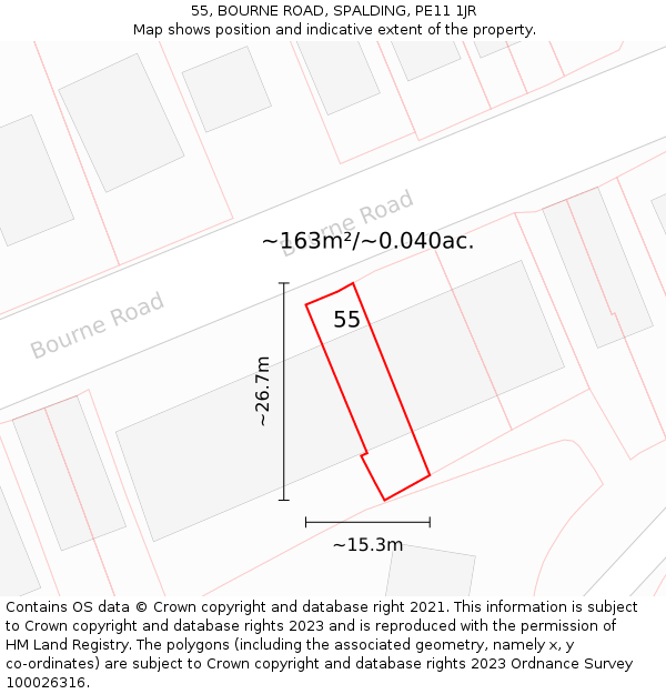 55, BOURNE ROAD, SPALDING, PE11 1JR: Plot and title map