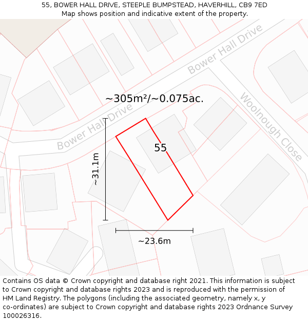 55, BOWER HALL DRIVE, STEEPLE BUMPSTEAD, HAVERHILL, CB9 7ED: Plot and title map