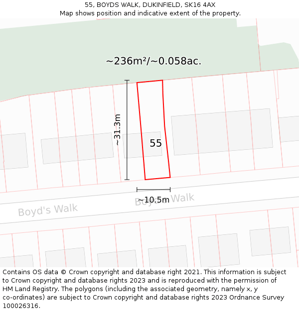55, BOYDS WALK, DUKINFIELD, SK16 4AX: Plot and title map