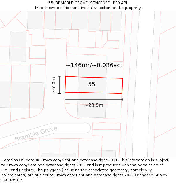 55, BRAMBLE GROVE, STAMFORD, PE9 4BL: Plot and title map
