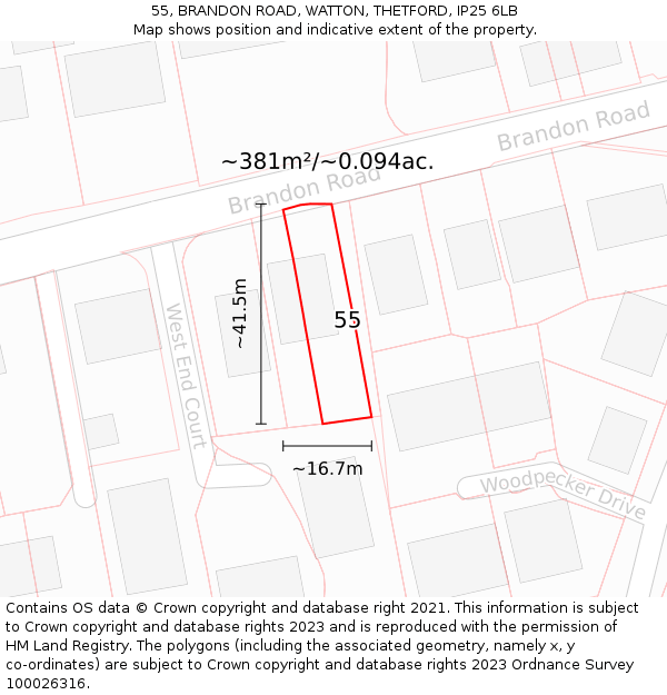 55, BRANDON ROAD, WATTON, THETFORD, IP25 6LB: Plot and title map