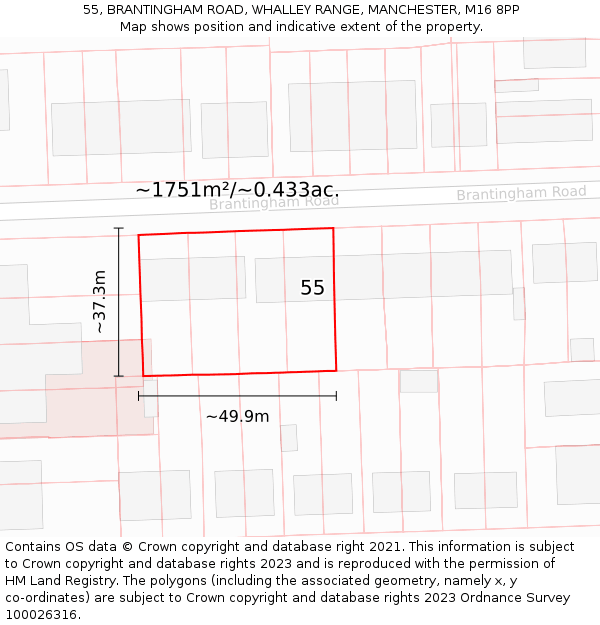 55, BRANTINGHAM ROAD, WHALLEY RANGE, MANCHESTER, M16 8PP: Plot and title map