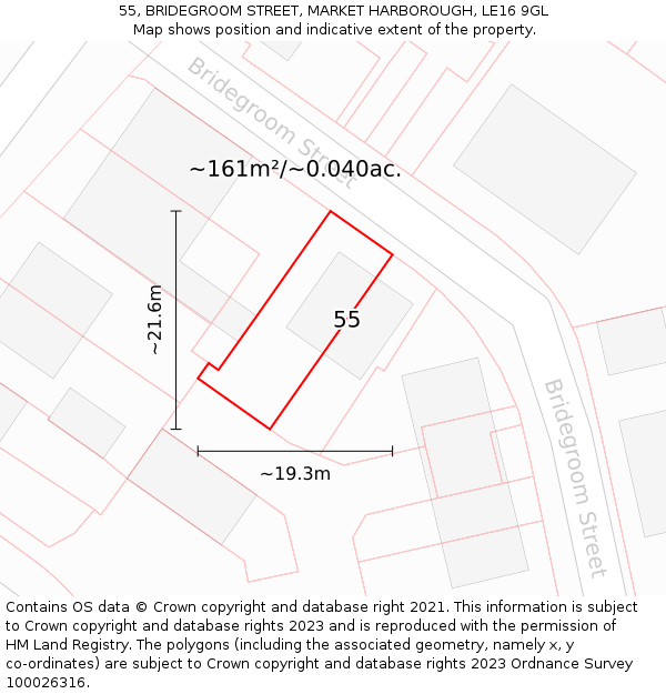 55, BRIDEGROOM STREET, MARKET HARBOROUGH, LE16 9GL: Plot and title map