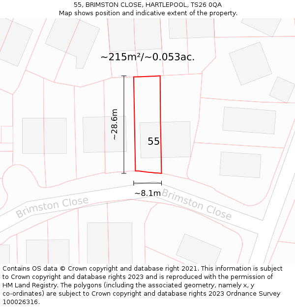 55, BRIMSTON CLOSE, HARTLEPOOL, TS26 0QA: Plot and title map