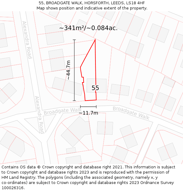 55, BROADGATE WALK, HORSFORTH, LEEDS, LS18 4HF: Plot and title map
