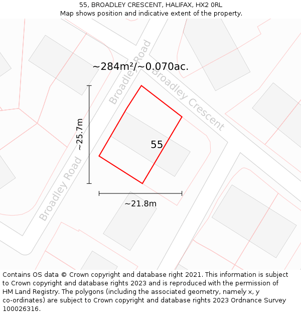 55, BROADLEY CRESCENT, HALIFAX, HX2 0RL: Plot and title map