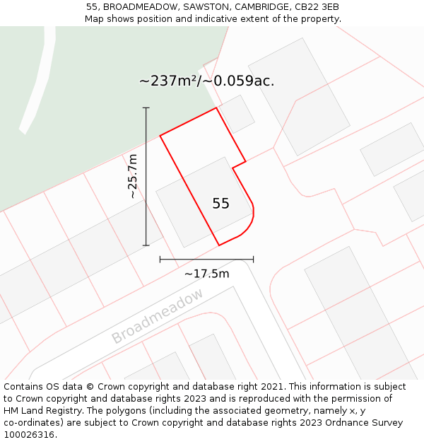 55, BROADMEADOW, SAWSTON, CAMBRIDGE, CB22 3EB: Plot and title map