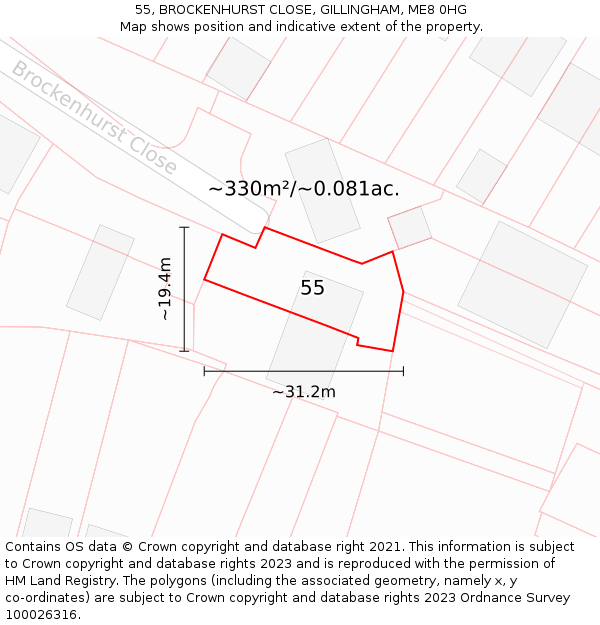 55, BROCKENHURST CLOSE, GILLINGHAM, ME8 0HG: Plot and title map