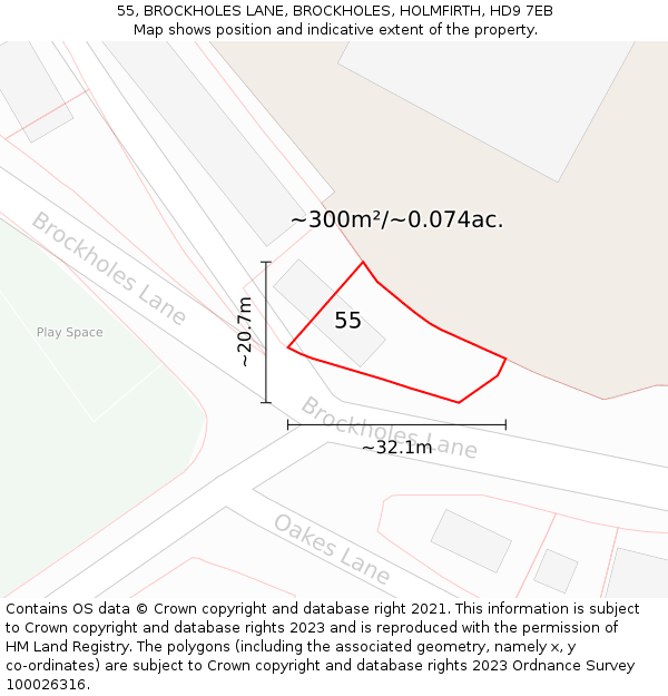 55, BROCKHOLES LANE, BROCKHOLES, HOLMFIRTH, HD9 7EB: Plot and title map