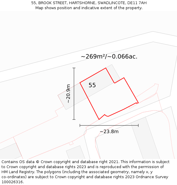 55, BROOK STREET, HARTSHORNE, SWADLINCOTE, DE11 7AH: Plot and title map