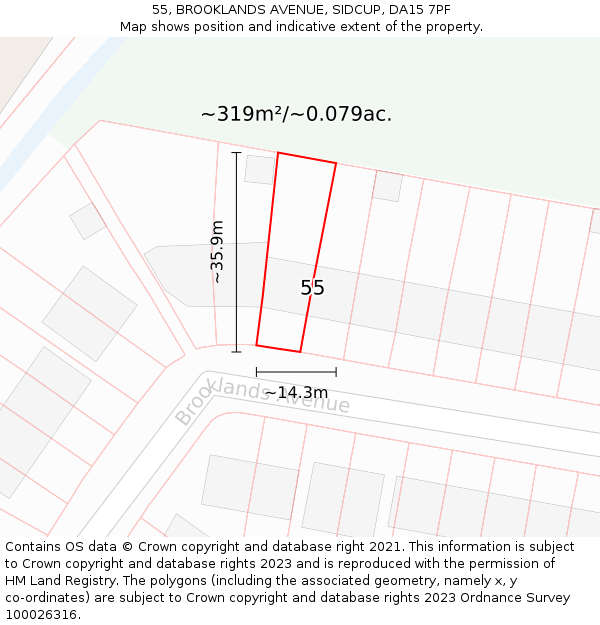 55, BROOKLANDS AVENUE, SIDCUP, DA15 7PF: Plot and title map