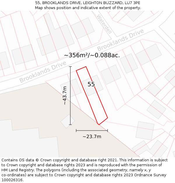 55, BROOKLANDS DRIVE, LEIGHTON BUZZARD, LU7 3PE: Plot and title map