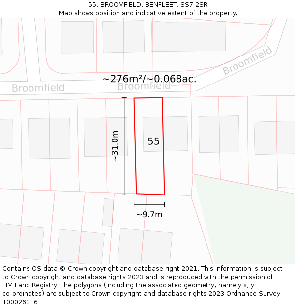 55, BROOMFIELD, BENFLEET, SS7 2SR: Plot and title map