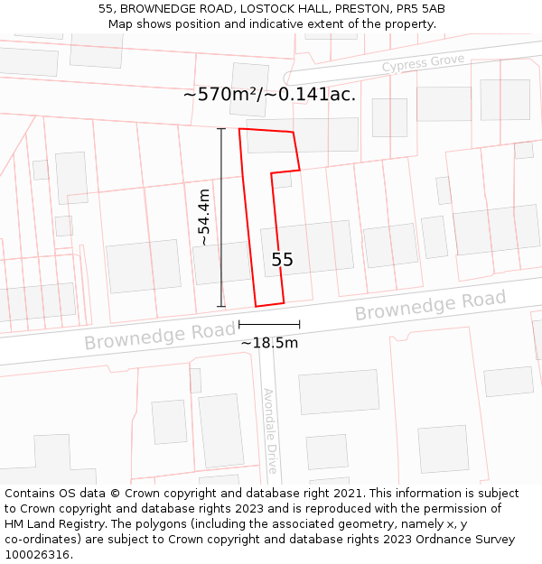 55, BROWNEDGE ROAD, LOSTOCK HALL, PRESTON, PR5 5AB: Plot and title map