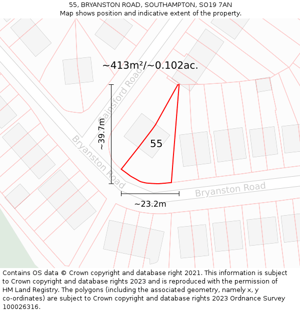 55, BRYANSTON ROAD, SOUTHAMPTON, SO19 7AN: Plot and title map