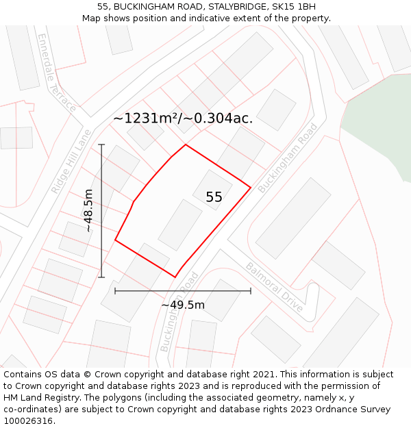 55, BUCKINGHAM ROAD, STALYBRIDGE, SK15 1BH: Plot and title map