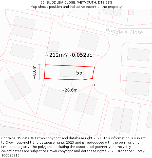 55, BUDDLEIA CLOSE, WEYMOUTH, DT3 6SG: Plot and title map