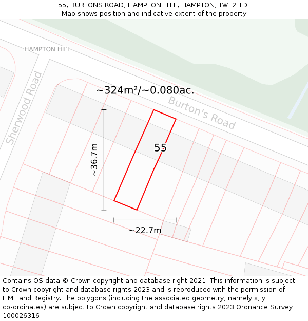 55, BURTONS ROAD, HAMPTON HILL, HAMPTON, TW12 1DE: Plot and title map