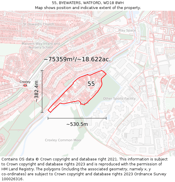 55, BYEWATERS, WATFORD, WD18 8WH: Plot and title map