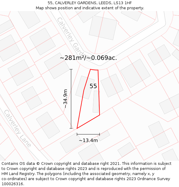 55, CALVERLEY GARDENS, LEEDS, LS13 1HF: Plot and title map