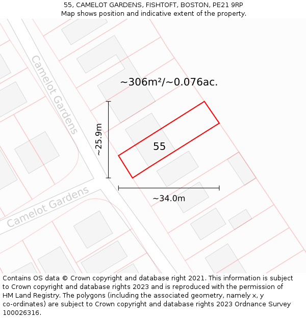 55, CAMELOT GARDENS, FISHTOFT, BOSTON, PE21 9RP: Plot and title map