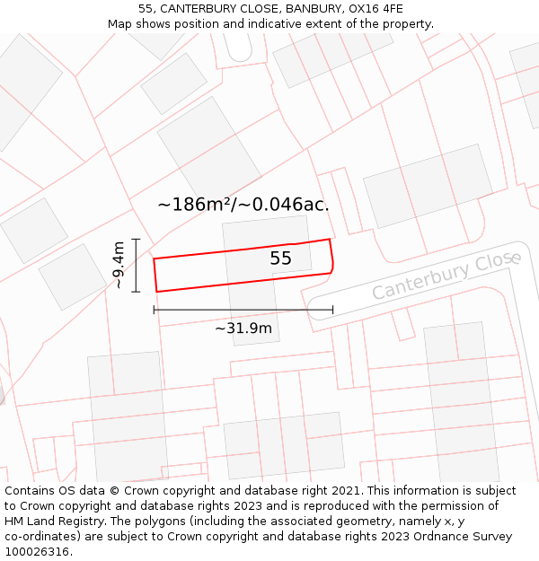 55, CANTERBURY CLOSE, BANBURY, OX16 4FE: Plot and title map