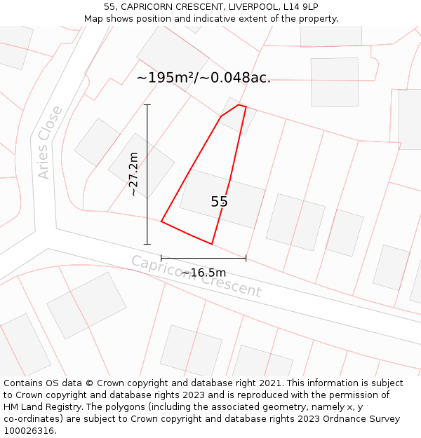 55, CAPRICORN CRESCENT, LIVERPOOL, L14 9LP: Plot and title map