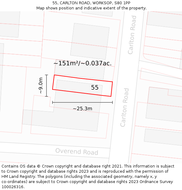 55, CARLTON ROAD, WORKSOP, S80 1PP: Plot and title map
