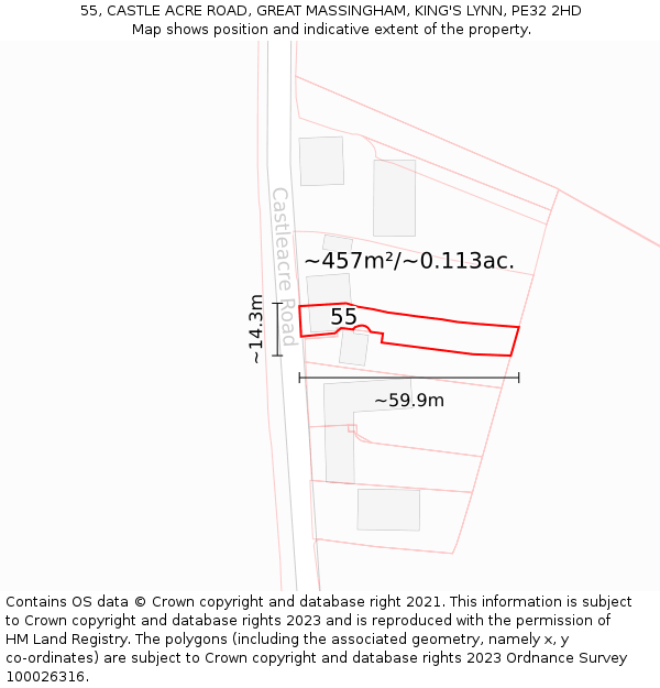 55, CASTLE ACRE ROAD, GREAT MASSINGHAM, KING'S LYNN, PE32 2HD: Plot and title map