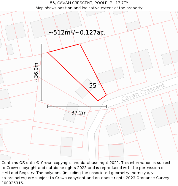 55, CAVAN CRESCENT, POOLE, BH17 7EY: Plot and title map