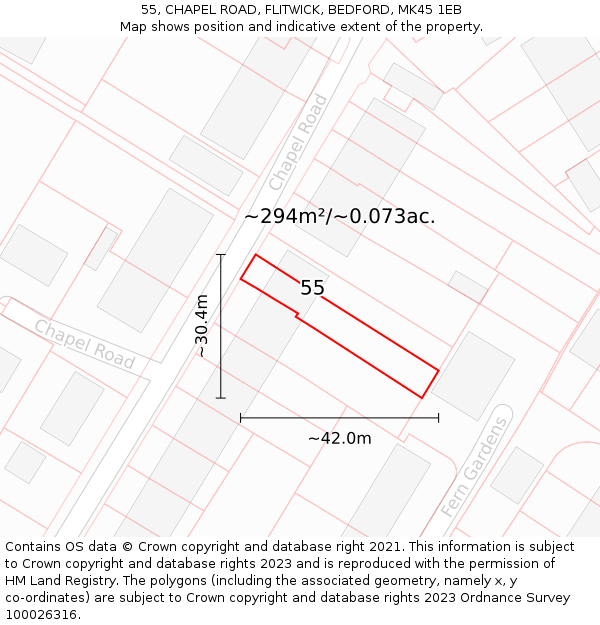 55, CHAPEL ROAD, FLITWICK, BEDFORD, MK45 1EB: Plot and title map