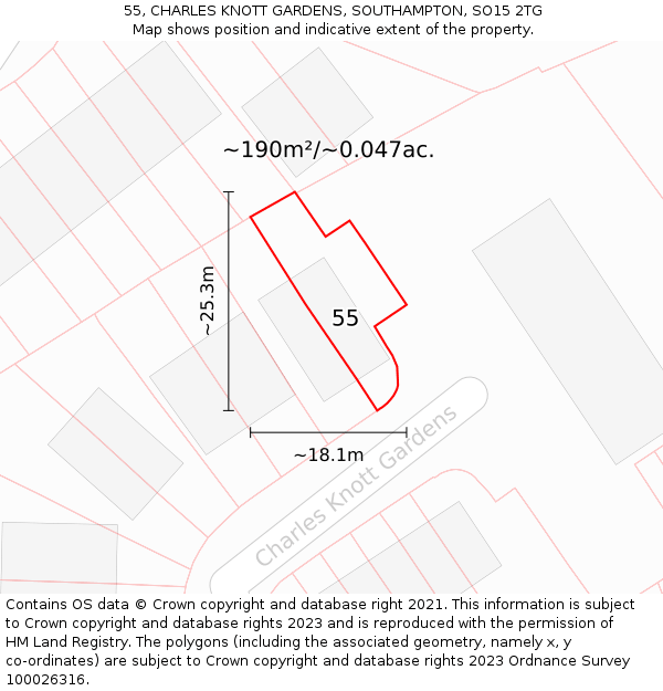 55, CHARLES KNOTT GARDENS, SOUTHAMPTON, SO15 2TG: Plot and title map
