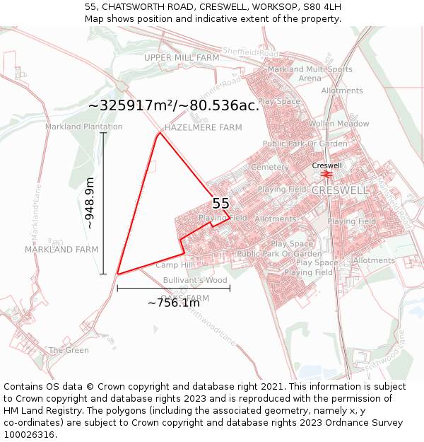 55, CHATSWORTH ROAD, CRESWELL, WORKSOP, S80 4LH: Plot and title map