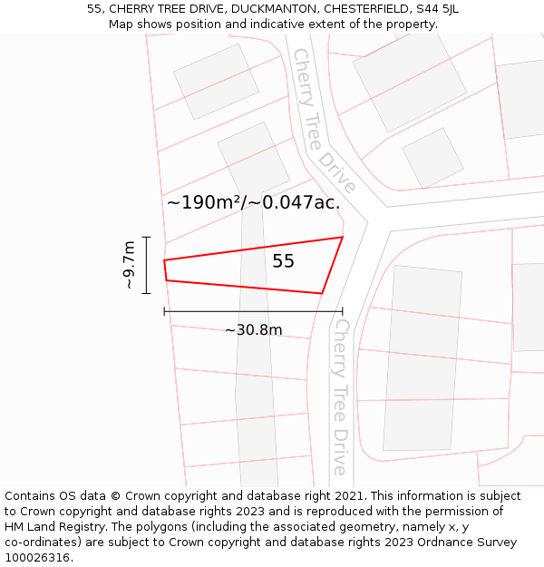 55, CHERRY TREE DRIVE, DUCKMANTON, CHESTERFIELD, S44 5JL: Plot and title map