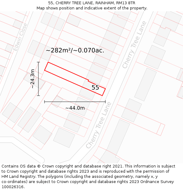 55, CHERRY TREE LANE, RAINHAM, RM13 8TR: Plot and title map