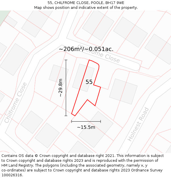 55, CHILFROME CLOSE, POOLE, BH17 9WE: Plot and title map