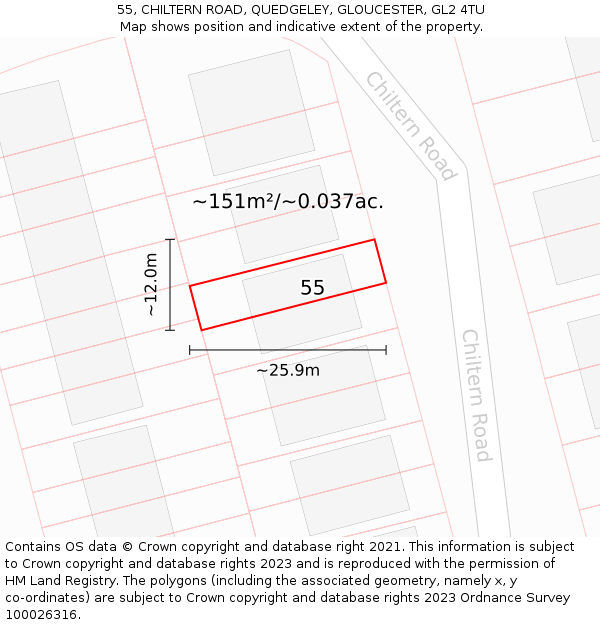 55, CHILTERN ROAD, QUEDGELEY, GLOUCESTER, GL2 4TU: Plot and title map