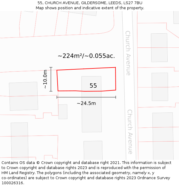 55, CHURCH AVENUE, GILDERSOME, LEEDS, LS27 7BU: Plot and title map