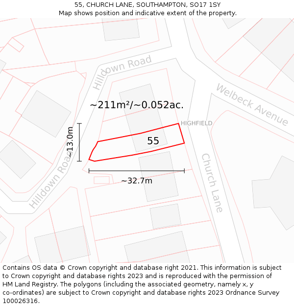 55, CHURCH LANE, SOUTHAMPTON, SO17 1SY: Plot and title map