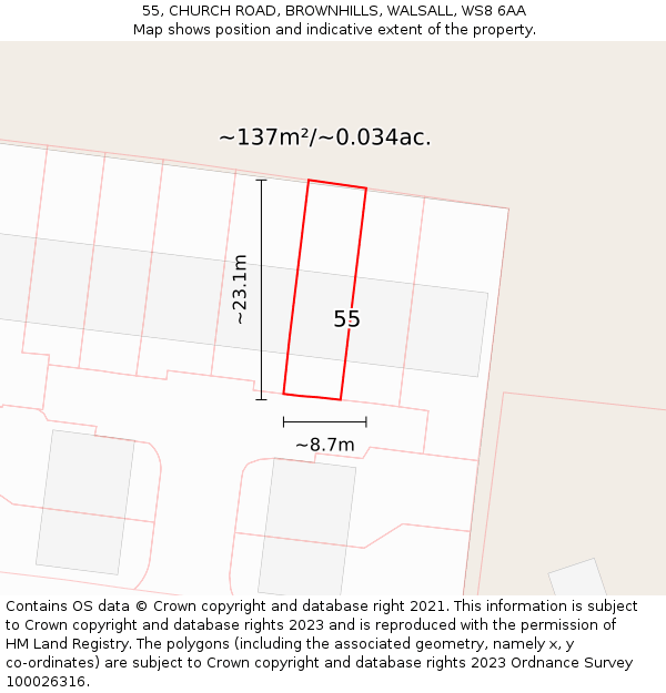 55, CHURCH ROAD, BROWNHILLS, WALSALL, WS8 6AA: Plot and title map