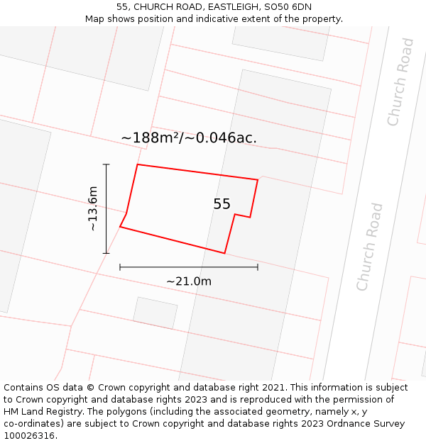 55, CHURCH ROAD, EASTLEIGH, SO50 6DN: Plot and title map