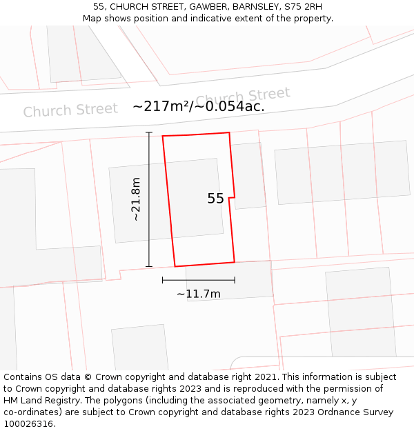 55, CHURCH STREET, GAWBER, BARNSLEY, S75 2RH: Plot and title map
