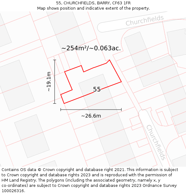 55, CHURCHFIELDS, BARRY, CF63 1FR: Plot and title map
