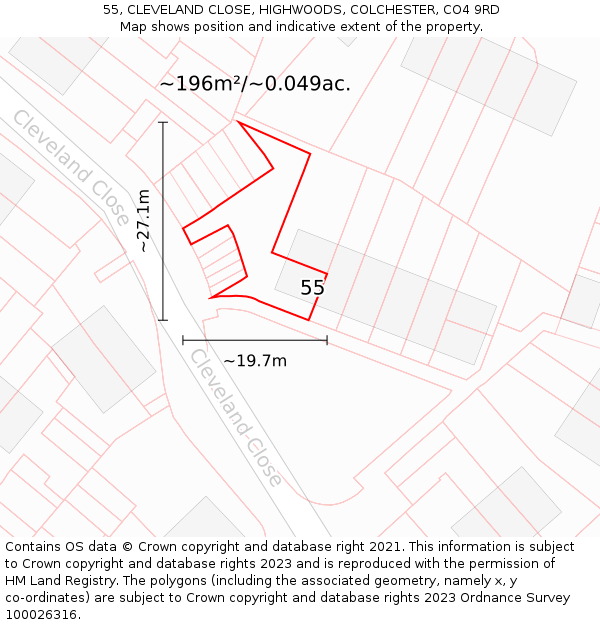 55, CLEVELAND CLOSE, HIGHWOODS, COLCHESTER, CO4 9RD: Plot and title map